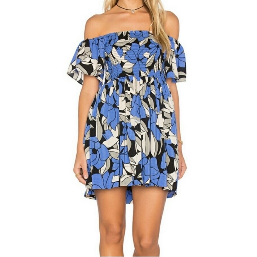 Free People Louise Blue Floral Smocked Off The Shoulder Mini Dress